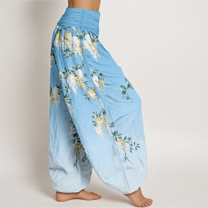 Buddha Stones Pantalon harem pour femme en pur coton blanc à motif floral jaune, taille élastique - image 10