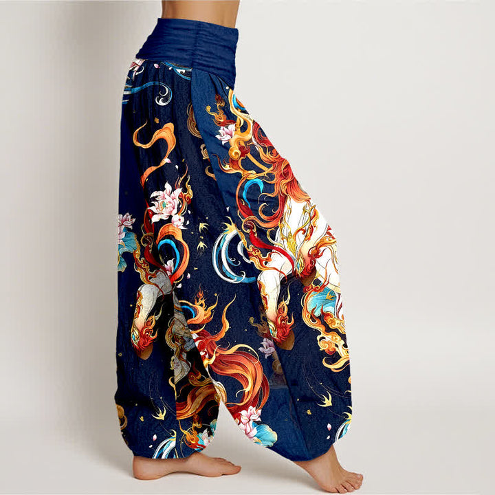 Buddha Stones Pantalon harem pour femme en pur coton à motif de flamme de phénix mythique et taille élastique - image 7