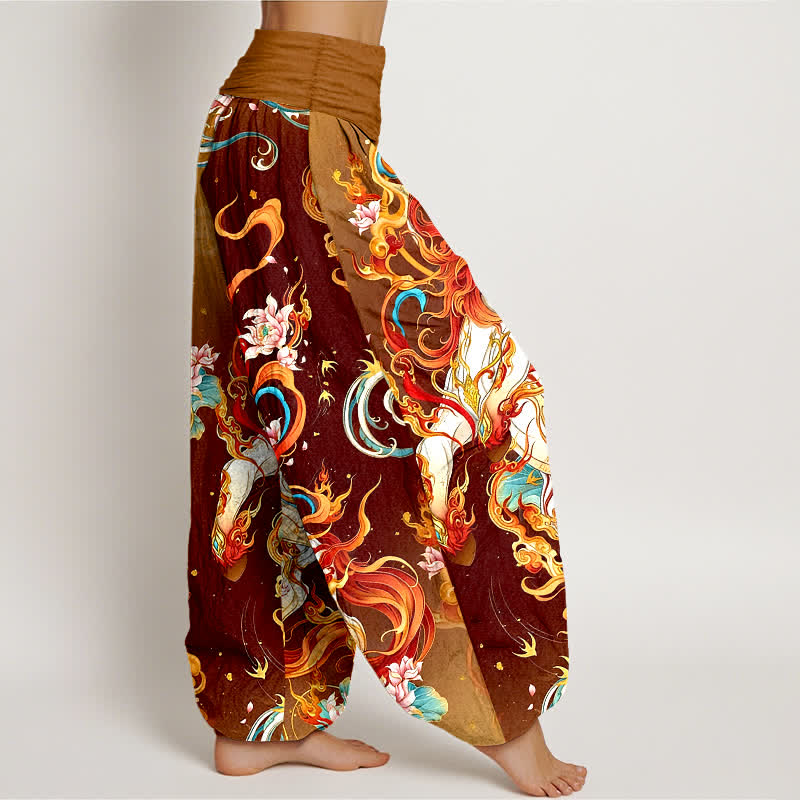 Buddha Stones Pantalon harem pour femme en pur coton à motif de flamme de phénix mythique et taille élastique - image 10