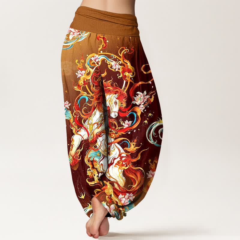 Buddha Stones Pantalon harem pour femme en pur coton à motif de flamme de phénix mythique et taille élastique - image 9