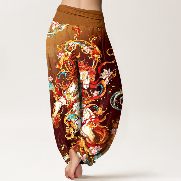 Buddha Stones Pantalon harem pour femme en pur coton à motif de flamme de phénix mythique et taille élastique - image 9