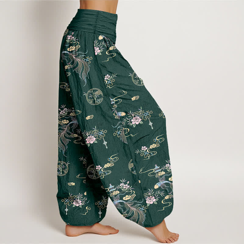 Buddha Stones Pantalon harem pour femme en pur coton, motif floral oriental nuageux, taille élastique - image 7