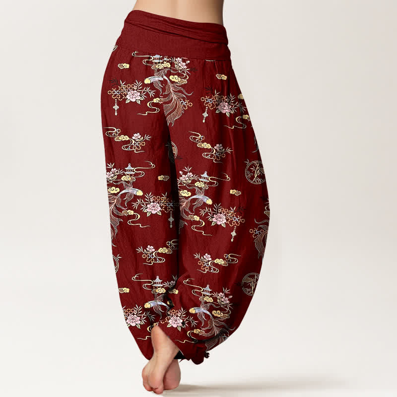 Buddha Stones Pantalon harem pour femme en pur coton, motif floral oriental nuageux, taille élastique - image 9