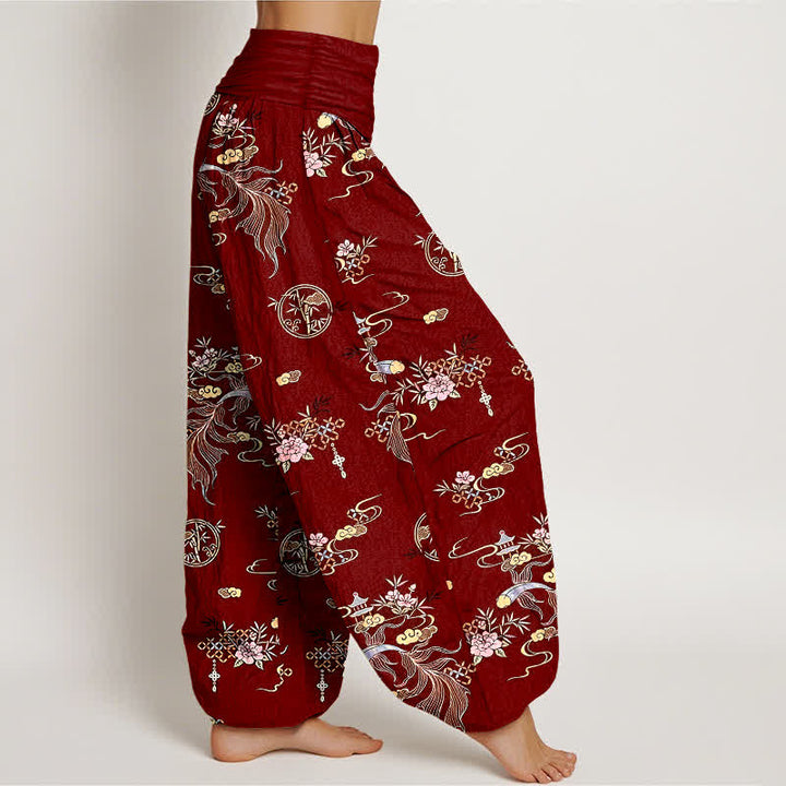 Buddha Stones Pantalon harem pour femme en pur coton, motif floral oriental nuageux, taille élastique - image 10