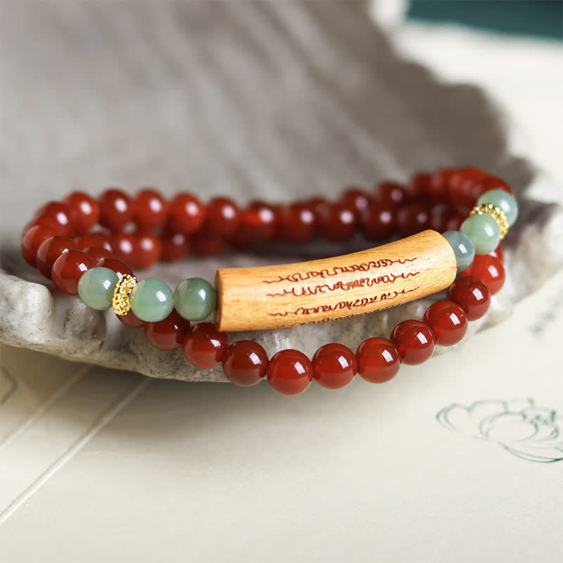 Buddha Stones Bracelet d'équilibre double tour en agate rouge et aventurine verte, représentant les cinq préceptes bouddhistes. - image 2