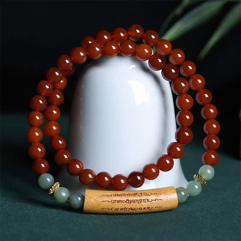 Buddha Stones Bracelet d'équilibre double tour en agate rouge et aventurine verte, représentant les cinq préceptes bouddhistes. - image 1