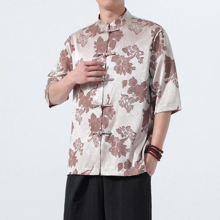 Buddha Stones Chemise d'été pour homme à manches 3/4, col mandarin, boutons brandebourg, jacquard floral, style Tang - Argent - US/UK/AU46，EU56 (5XL) - image 0