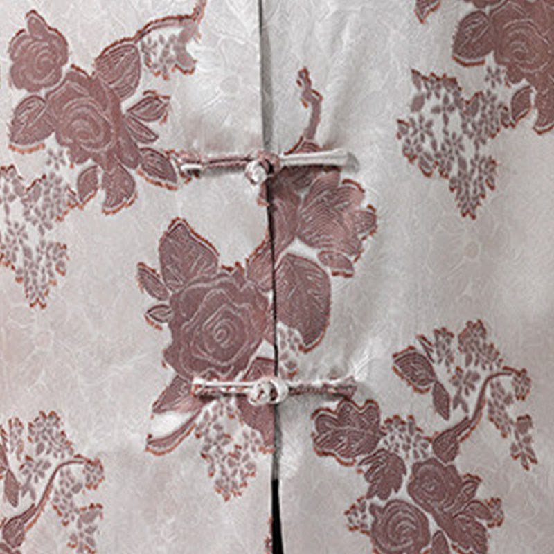 Buddha Stones Chemise d'été pour homme à manches 3/4, col mandarin, boutons brandebourg, jacquard floral, style Tang - image 9