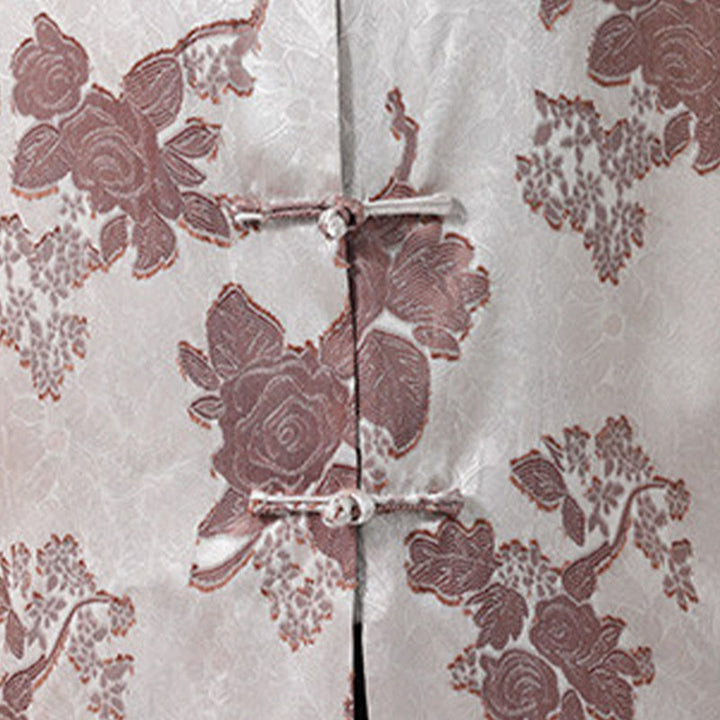 Buddha Stones Chemise d'été pour homme à manches 3/4, col mandarin, boutons brandebourg, jacquard floral, style Tang - image 9