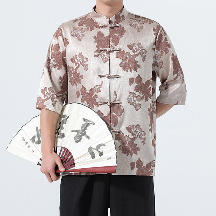 Buddha Stones Chemise d'été pour homme à manches 3/4, col mandarin, boutons brandebourg, jacquard floral, style Tang - image 1