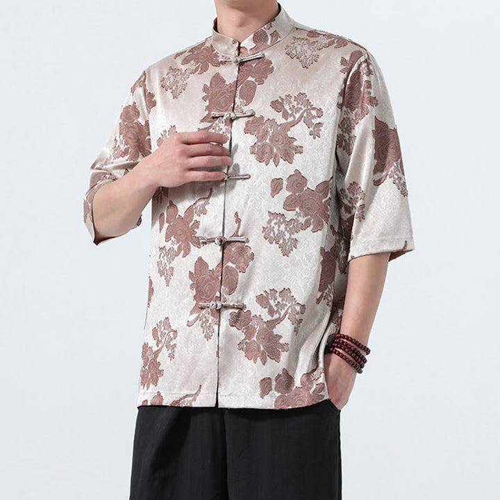 Buddha Stones Chemise d'été pour homme à manches 3/4, col mandarin, boutons brandebourg, jacquard floral, style Tang - image 3