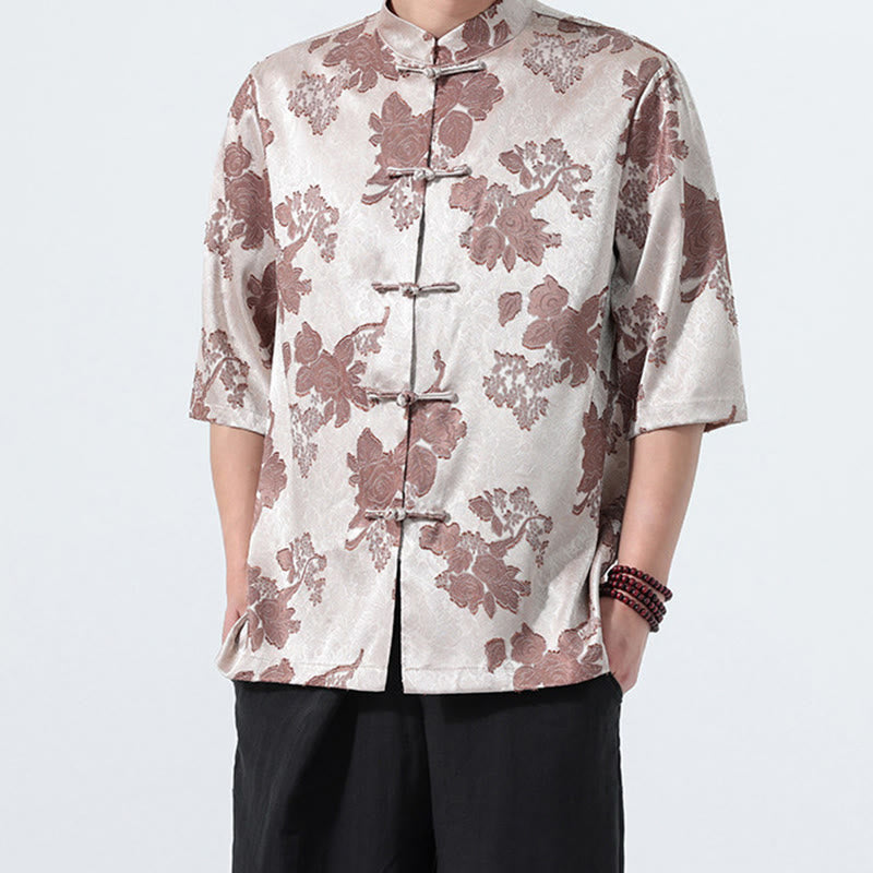Buddha Stones Chemise d'été pour homme à manches 3/4, col mandarin, boutons brandebourg, jacquard floral, style Tang - image 5