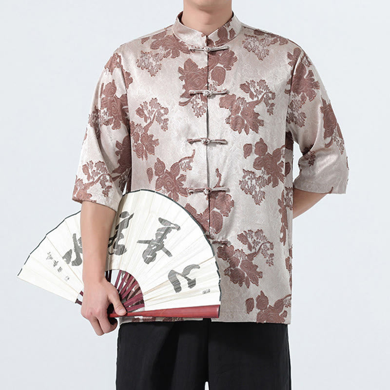 Buddha Stones Chemise d'été pour homme à manches 3/4, col mandarin, boutons brandebourg, jacquard floral, style Tang - image 2