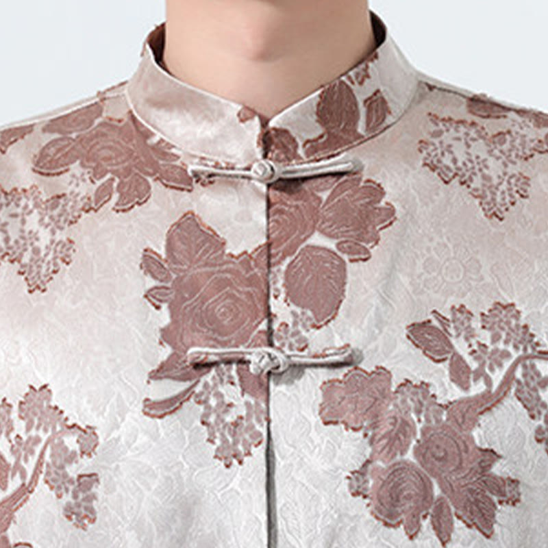 Buddha Stones Chemise d'été pour homme à manches 3/4, col mandarin, boutons brandebourg, jacquard floral, style Tang - image 8
