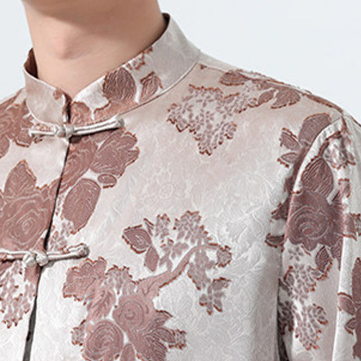 Buddha Stones Chemise d'été pour homme à manches 3/4, col mandarin, boutons brandebourg, jacquard floral, style Tang - image 10