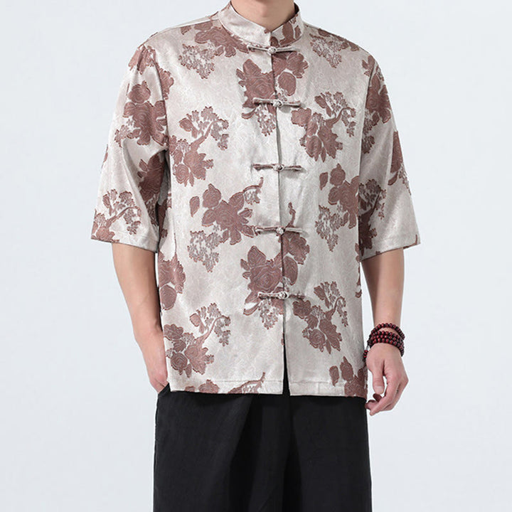 Buddha Stones Chemise d'été pour homme à manches 3/4, col mandarin, boutons brandebourg, jacquard floral, style Tang - image 7