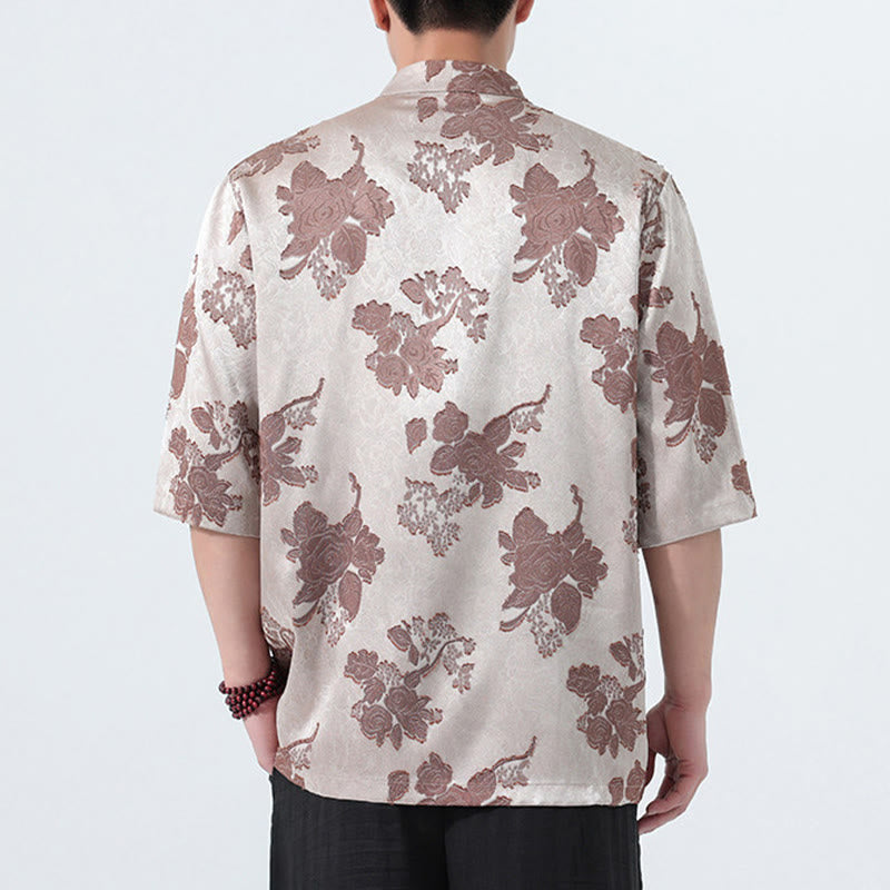 Buddha Stones Chemise d'été pour homme à manches 3/4, col mandarin, boutons brandebourg, jacquard floral, style Tang - image 4