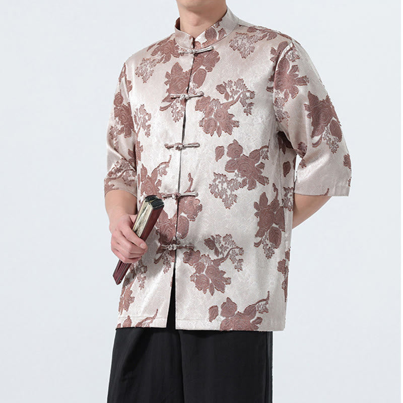 Buddha Stones Chemise d'été pour homme à manches 3/4, col mandarin, boutons brandebourg, jacquard floral, style Tang - image 6