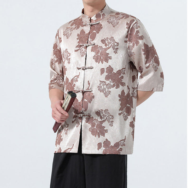 Buddha Stones Chemise d'été pour homme à manches 3/4, col mandarin, boutons brandebourg, jacquard floral, style Tang - image 6