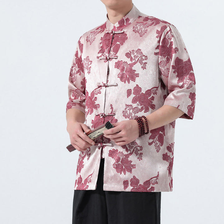 Buddha Stones Chemise d'été pour homme à manches 3/4, col mandarin, boutons brandebourg, jacquard floral, style Tang - Rose clair - US/UK/AU46，EU56 (5XL) - image 11