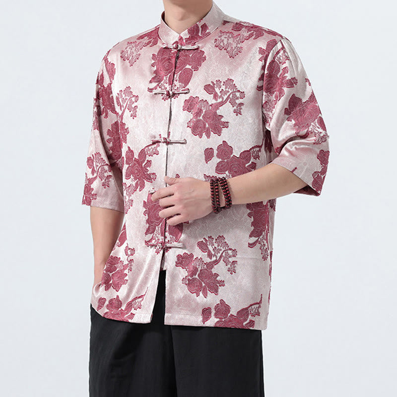 Buddha Stones Chemise d'été pour homme à manches 3/4, col mandarin, boutons brandebourg, jacquard floral, style Tang - image 12
