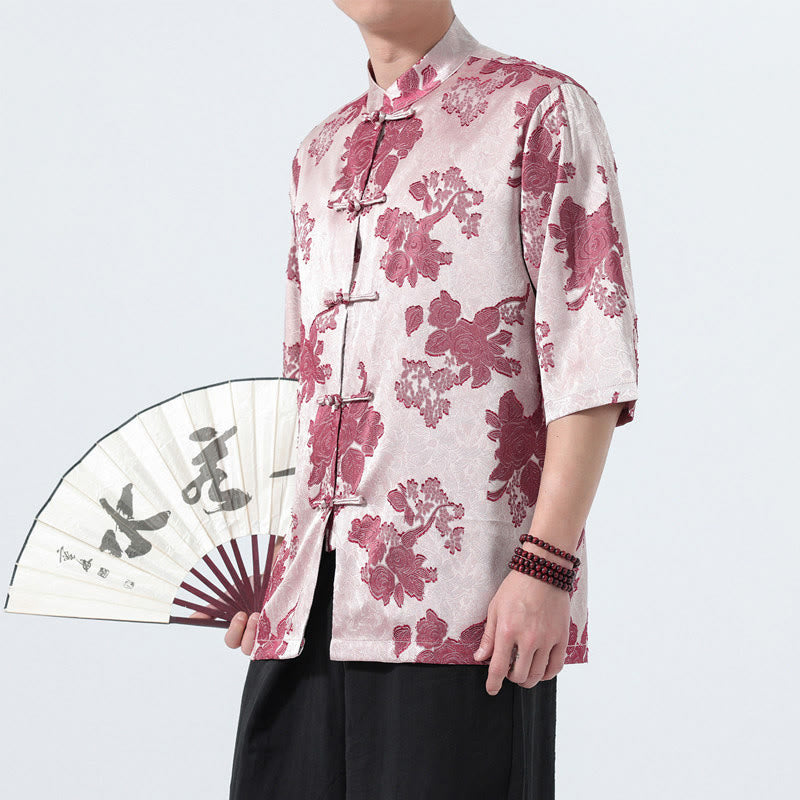 Buddha Stones Chemise d'été pour homme à manches 3/4, col mandarin, boutons brandebourg, jacquard floral, style Tang - image 16