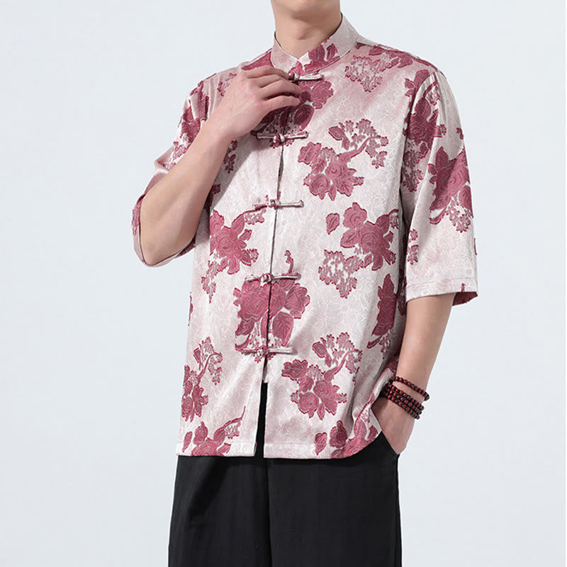 Buddha Stones Chemise d'été pour homme à manches 3/4, col mandarin, boutons brandebourg, jacquard floral, style Tang - image 14