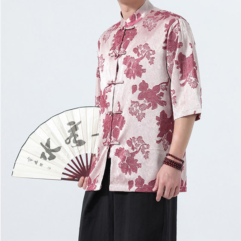 Buddha Stones Chemise d'été pour homme à manches 3/4, col mandarin, boutons brandebourg, jacquard floral, style Tang - image 19