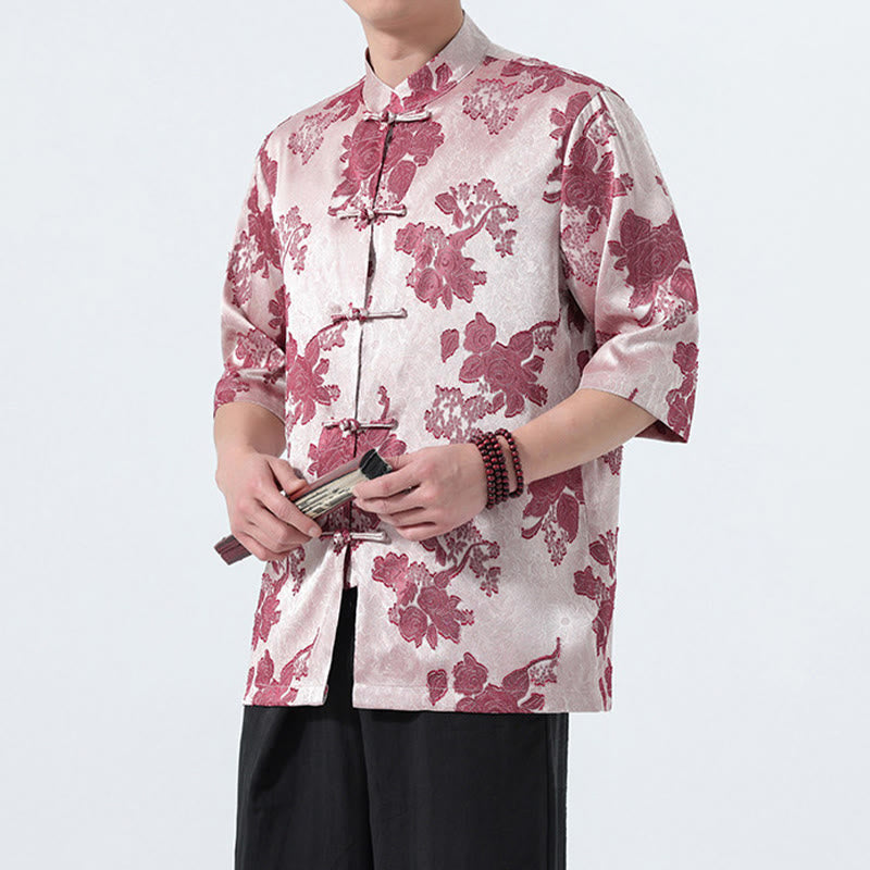 Buddha Stones Chemise d'été pour homme à manches 3/4, col mandarin, boutons brandebourg, jacquard floral, style Tang - image 17