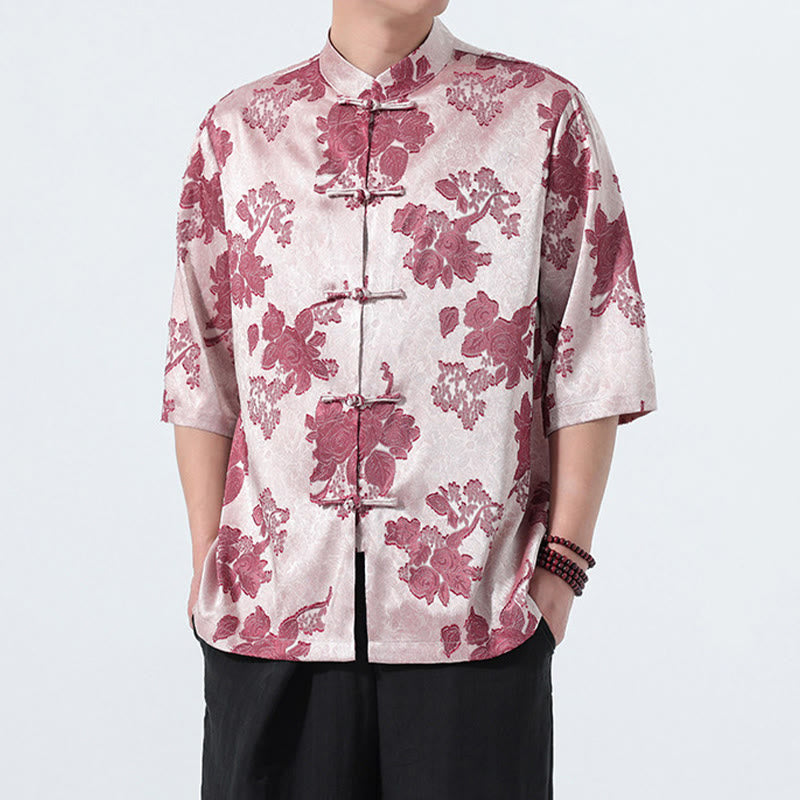 Buddha Stones Chemise d'été pour homme à manches 3/4, col mandarin, boutons brandebourg, jacquard floral, style Tang - image 13