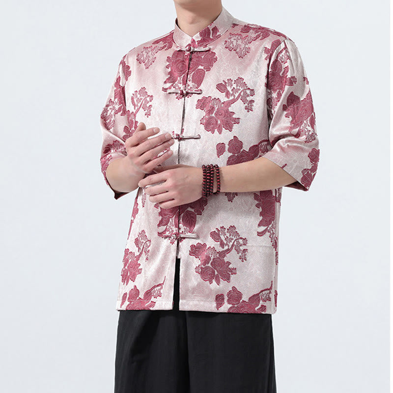 Buddha Stones Chemise d'été pour homme à manches 3/4, col mandarin, boutons brandebourg, jacquard floral, style Tang - image 20