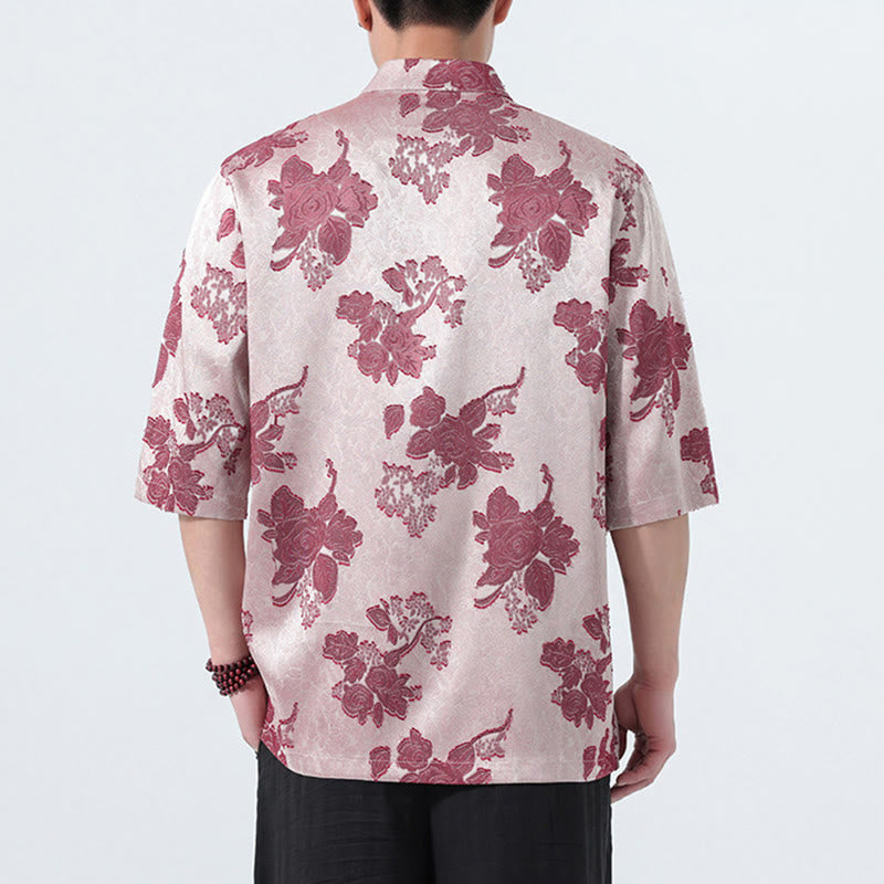 Buddha Stones Chemise d'été pour homme à manches 3/4, col mandarin, boutons brandebourg, jacquard floral, style Tang - image 15