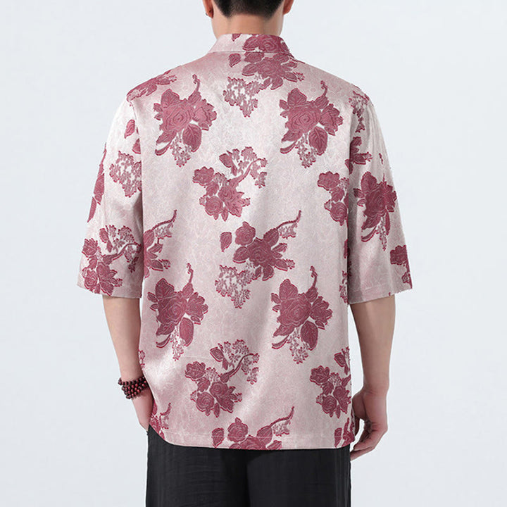 Buddha Stones Chemise d'été pour homme à manches 3/4, col mandarin, boutons brandebourg, jacquard floral, style Tang - image 15