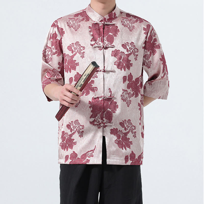 Buddha Stones Chemise d'été pour homme à manches 3/4, col mandarin, boutons brandebourg, jacquard floral, style Tang - image 18