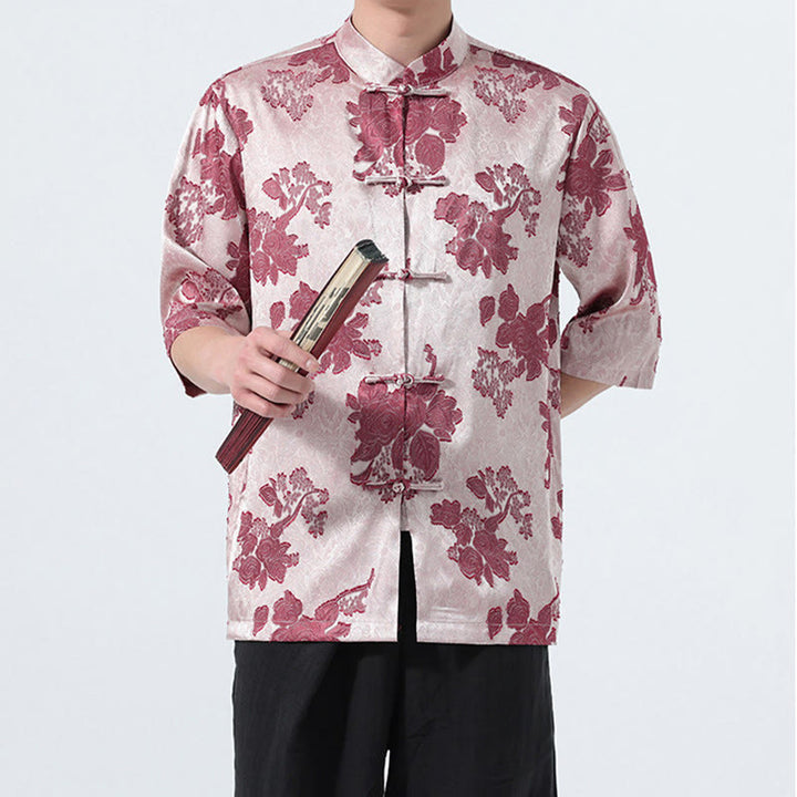 Buddha Stones Chemise d'été pour homme à manches 3/4, col mandarin, boutons brandebourg, jacquard floral, style Tang - image 18
