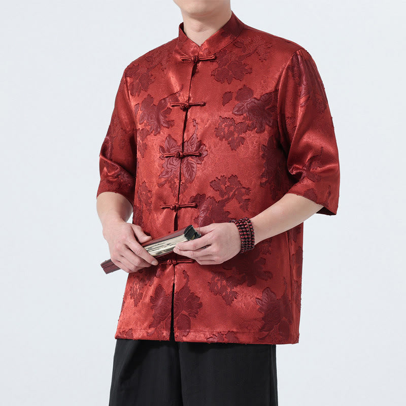 Buddha Stones Chemise d'été pour homme à manches 3/4, col mandarin, boutons brandebourg, jacquard floral, style Tang - FireBrick - US/UK/AU46，EU56 (5XL) - image 21