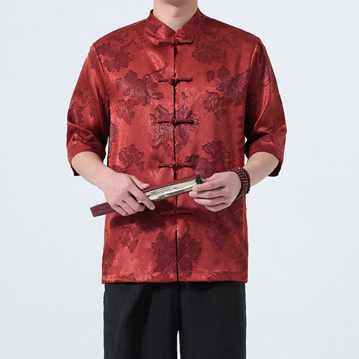 Buddha Stones Chemise d'été pour homme à manches 3/4, col mandarin, boutons brandebourg, jacquard floral, style Tang - image 22