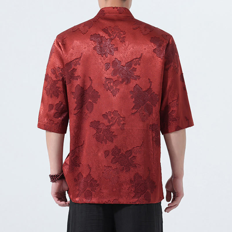 Buddha Stones Chemise d'été pour homme à manches 3/4, col mandarin, boutons brandebourg, jacquard floral, style Tang - image 25