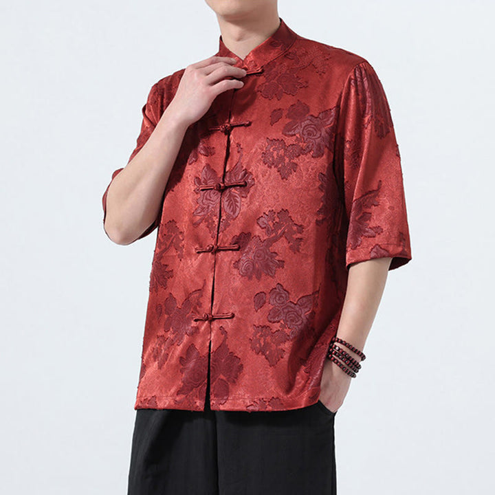 Buddha Stones Chemise d'été pour homme à manches 3/4, col mandarin, boutons brandebourg, jacquard floral, style Tang - image 23