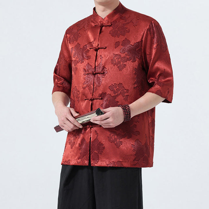Buddha Stones Chemise d'été pour homme à manches 3/4, col mandarin, boutons brandebourg, jacquard floral, style Tang - image 26