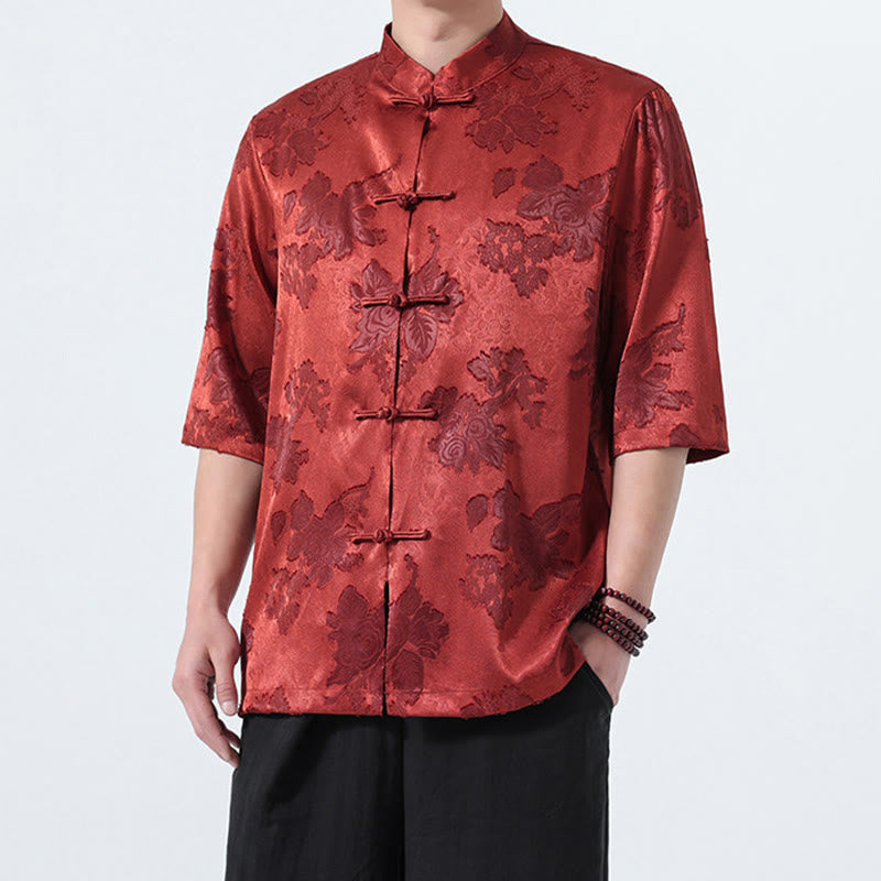 Buddha Stones Chemise d'été pour homme à manches 3/4, col mandarin, boutons brandebourg, jacquard floral, style Tang - image 30