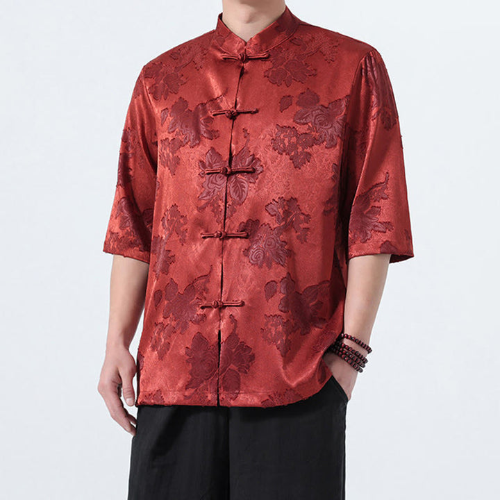 Buddha Stones Chemise d'été pour homme à manches 3/4, col mandarin, boutons brandebourg, jacquard floral, style Tang - image 30