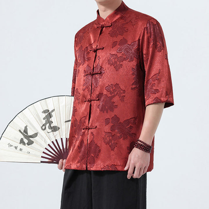 Buddha Stones Chemise d'été pour homme à manches 3/4, col mandarin, boutons brandebourg, jacquard floral, style Tang - image 28