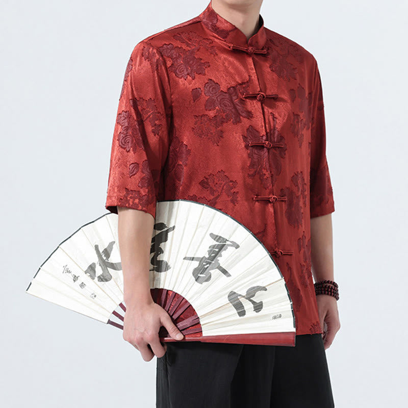 Buddha Stones Chemise d'été pour homme à manches 3/4, col mandarin, boutons brandebourg, jacquard floral, style Tang - image 27