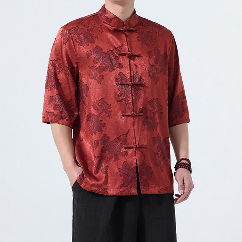 Buddha Stones Chemise d'été pour homme à manches 3/4, col mandarin, boutons brandebourg, jacquard floral, style Tang - image 24