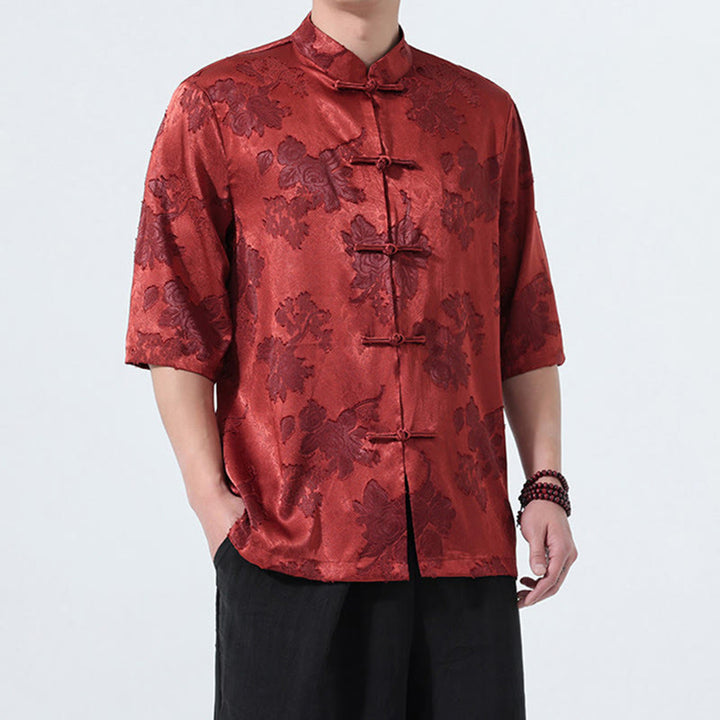 Buddha Stones Chemise d'été pour homme à manches 3/4, col mandarin, boutons brandebourg, jacquard floral, style Tang - image 24