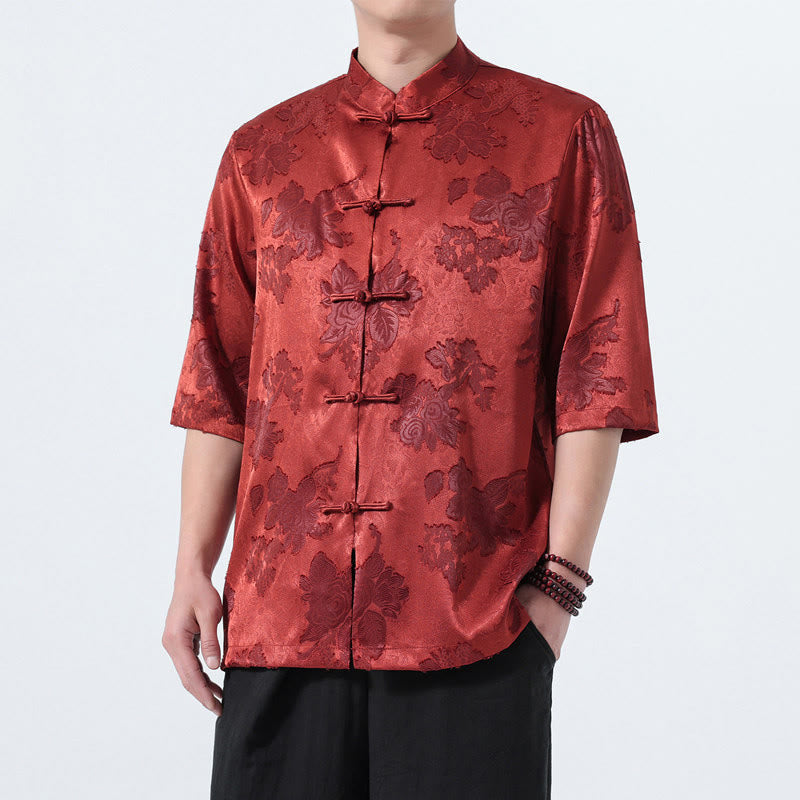 Buddha Stones Chemise d'été pour homme à manches 3/4, col mandarin, boutons brandebourg, jacquard floral, style Tang - image 29
