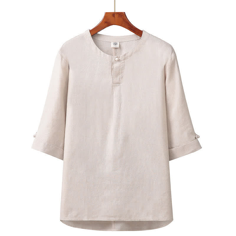 Buddha Stones Chemise homme minimaliste printemps-été en lin uni à manches trois-quarts, boutonnée, à boutons. - Beige - US/UK/AU42，EU52 (3XL) - image 0