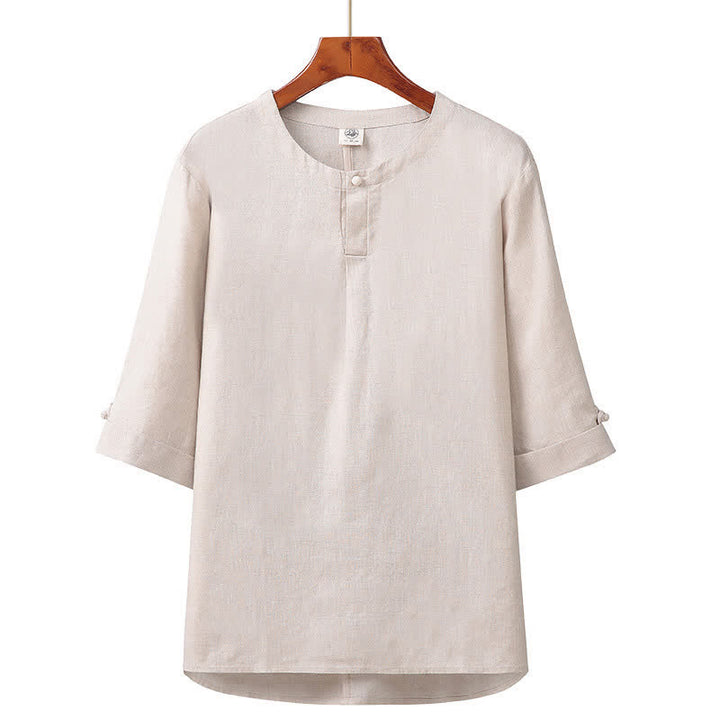 Buddha Stones Chemise homme minimaliste printemps-été en lin uni à manches trois-quarts, boutonnée, à boutons. - Beige - US/UK/AU42，EU52 (3XL) - image 0