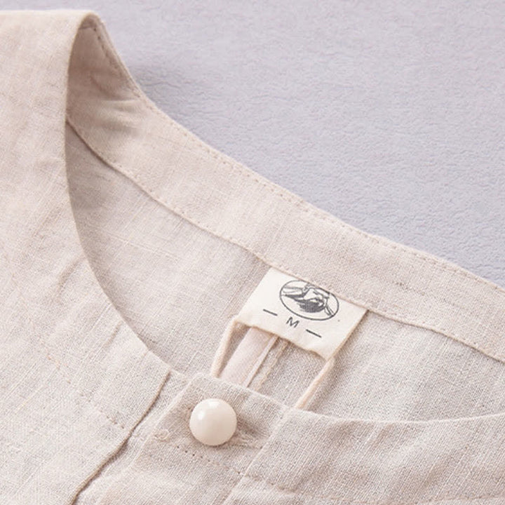 Buddha Stones Chemise homme minimaliste printemps-été en lin uni à manches trois-quarts, boutonnée, à boutons. - image 2